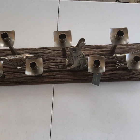 Pottery Barn Rustic Wood with Pierced Metal Bunny and Birds Taper Candle Holder - Picture 7 of 11